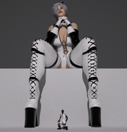 breasts giantess white_hair cleavage high_heels climbing boots short ladder platforms careless goggles smothering ivory pumps digital_render