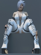 breasts giantess white_hair cleavage high_heels climbing boots short ladder platforms careless goggles smothering ivory pumps digital_render