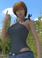 blonde brunette boots shrunken_woman forest boomgts digital_render sitting_on_shoulder
