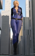 breasts giantess city mega blonde cleavage buildings short_hair skyscraper super_woman hero streets jumpsuit zipper digital_render