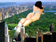 giantess collage city bridge high_heels lying_down unknown_artist river skyscrapers trees central_park
