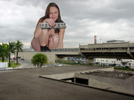 giantess collage city streets vehicles squatting_down holding_tram_car tram looking_at_tiny
