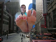 giantess collage city barefoot soles unknown_artist sitting people streets red_nails looking_at_viewer between_buildings blocking_street car_crush