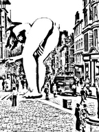 giantess city monochrome bending_over pedestrians behind_view negative_image