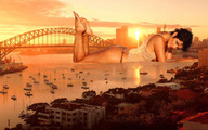 giantess collage city bridge beach barefoot water buildings lying_down unknown_artist boats sunset looking_at_viewer