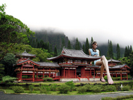 giantess collage blonde barefoot sitting shorts ponytails garden looking_at_viewer temple high_side