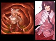 drawing giantess white_hair vore size_difference color long_hair clothed touhou ribbon brunette digestion stomach fujiwara_no_mokou houraisan_kaguya internal_view utopia teruyo