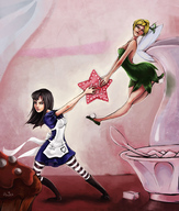 breasts drawing blonde black_hair color long_hair fairy dress boots unknown_artist fanart tinkerbell shrunken_woman alice_in_wonderland disney hair_bow madness_returns sugar_cube