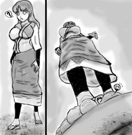 drawing giantess micro trayx feet monochrome sandals sango unaware point_of_view