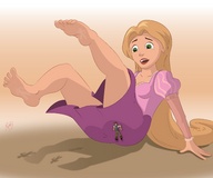 drawing giantess blonde color long_hair butt barefoot butt_crush green_eyes shrunken_men disney tangled falling_back rapunzel flynn_rider