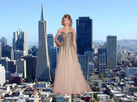 breasts giantess collage city mega blonde skyscraper looking_at_viewer taylor_swift san_francisco hands_on_hips joe117 elegant_dress transamerica_pyramid