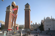 giantess collage blonde swimsuit barefoot buildings kneeling looking_at_viewer between_towers worshipping