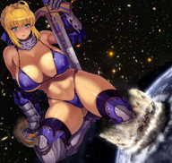 breasts drawing giantess blonde space color swimsuit destruction planet saber sword cleavage anime huge_breasts unknown_artist looking_at_viewer bangs fate/stay_night cosmic_giantess fate_zero fate_(series)