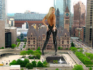 giantess collage city blonde high_heels buildings unknown_artist shrunken_people vehicles looking_at_viewer clock_tower rooftop_view behind_view square