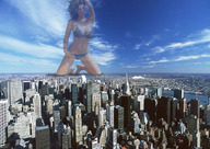 collage city mega swimsuit unknown_artist kneeling skyscrapers clouds sky denise_milani distant