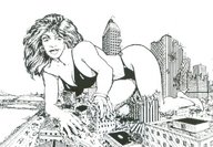 breasts drawing giantess panties city monochrome destruction rampage cleavage bra high_heels cruel kat bracelet