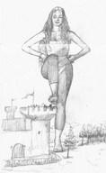 giantess handheld barefoot castle shrunken_men raised_foot sketching imminent_crush