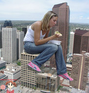 giantess collage vore city blonde clothed buildings sitting sandwich pink_sneakers