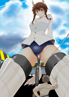 giantess pussy panties furry blushing tail size_difference mega clothed brunette brown_eyes smiling looking_down clouds outdoors sky strike_witches wolf_ears bikuta looking_at_tiny tube juno_takei sutopann