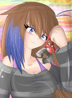 breasts drawing gentle giantess blushing color blue_eyes handheld brunette between_fingers odst-dutch