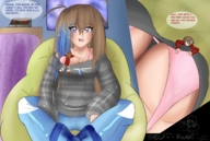 breasts drawing gentle color large_breasts long_hair blue_eyes clothed cleavage bra climbing blue_hair brunette stockings shrunken_men sitting shrunken_man point_of_view looking_at_viewer odst-dutch