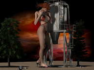 crush swimsuit barefoot high_heels tree red_hair shrunken_men tower cruel under_foot pedicure sunset digital_render