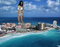 giantess collage swimsuit beach ocean brunette unknown_artist looking_down resort distant_view