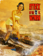 breasts giantess collage city mega destruction rampage skirt buildings brunette unknown_artist reaching looking_down cruel highway vehicles movie poster straddling top attack_of_the_50_foot_woman nancy_archer makeshift_clothing
