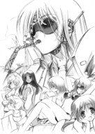 breasts giantess monochrome long_hair swimsuit multiple_giantesses open_mouth looking_at_viewer ariel senomoto_hisashi