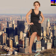 collage city barefoot dress giantess_katelyn looking_down skyscrapers microjb hands_on_hips