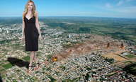 giantess collage city blonde walking foot_print looking_at_viewer black_dress sarah_chalke