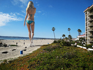 giantess collage blonde swimsuit beach wonderslug walking shrunken_people sand behind_view beach_goers lauren_stoner