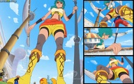 drawing growth giantess color one_piece green_hair looking_down point_of_view ships lily luffy looking_at_tiny lily_enstomach yellow_boots
