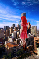 giantess collage city clothed wonderslug red_hair dress boots skyscraper standing rooftop_view crushed_car side_angle behind_angle