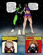 breasts drawing giantess earth giga comic black_hair color planet barefoot skirt brunette goddess cheerleader kim_possible shego giantesses toe_ring disney cheerleader_outfit belt dialogue stars hands_on_hips thebigmansini ron_stoppable bonnie_rockwaller