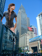giantess collage city clothed brunette low_angle unknown_artist skyscraper behind_building