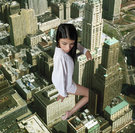 giantess collage city clothed barefoot brunette unknown_artist sitting skyscraper downward_angle