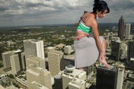 giantess collage city barefoot unknown_artist skyscrapers rooftop side_view
