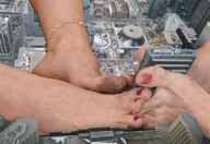 collage city destruction barefoot unknown_artist dirty skyscrapers pedicure between_feet ankle_bracelet giantess_toes downward_angle