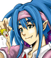 drawing color handheld green_eyes macross_frontier blue_hair fangs captured pointed_ears