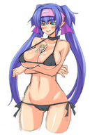 drawing giantess color swimsuit cleavage anime purple_hair klan_klan between_breasts