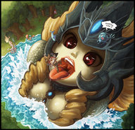 drawing giantess karbo vore size_difference color water red_eyes mermaid open_mouth dialogue lol league_of_legends miss_fortune ziggs fizz yordle lulu_(league_of_legends) nami_(league_of_legends)