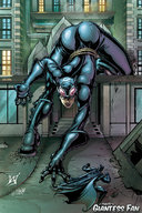 drawing growth giantess city mega comic color butt destruction clothed outgrowing_building smiling gloves boots reaching mask batman outdoors catsuit cape giantessfan catwoman thief dc_comics gotham_city skintight_clothing