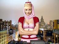 giantess collage city blonde cleavage buildings genie maxcat looking_at_viewer rooftop_view