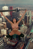 collage nude city mega destruction boots skyscrapers tolik looking_at_viewer downward_angle holding_tower