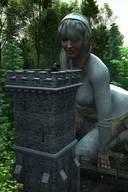 giantess medieval shrunken_men kneeling outdoors trees guard_tower looking_at_tiny digital_render
