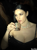 collage handheld cleavage brown_eyes shrunken_men glass tecks necklace
