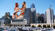 breasts giantess collage city mega destruction helicopter brunette wonderslug red_hair fighting skyscraper giantesses aria_giovanni bianca_beauchamp latex_outfit war_of_the_gargantuas