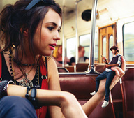 gentle collage clothed handheld brunette shrunken_men bus jewelry looking_at_tiny