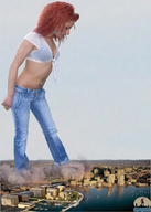 collage city mega destruction clothed barefoot water red_hair belly looking_down skyscraper shadester smoke